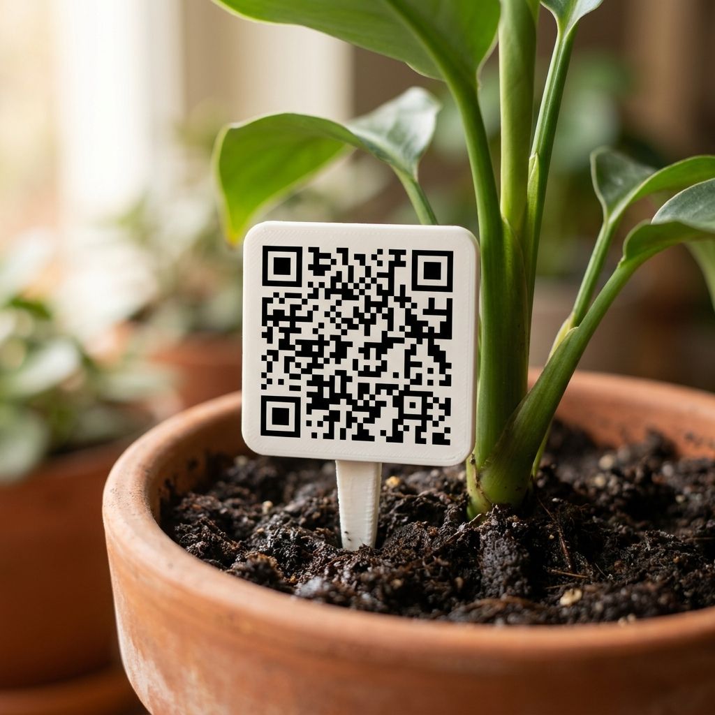 The same tag pushed into dark compost in a terracotta pot, beside the stems of a green houseplant, lit by soft window light.